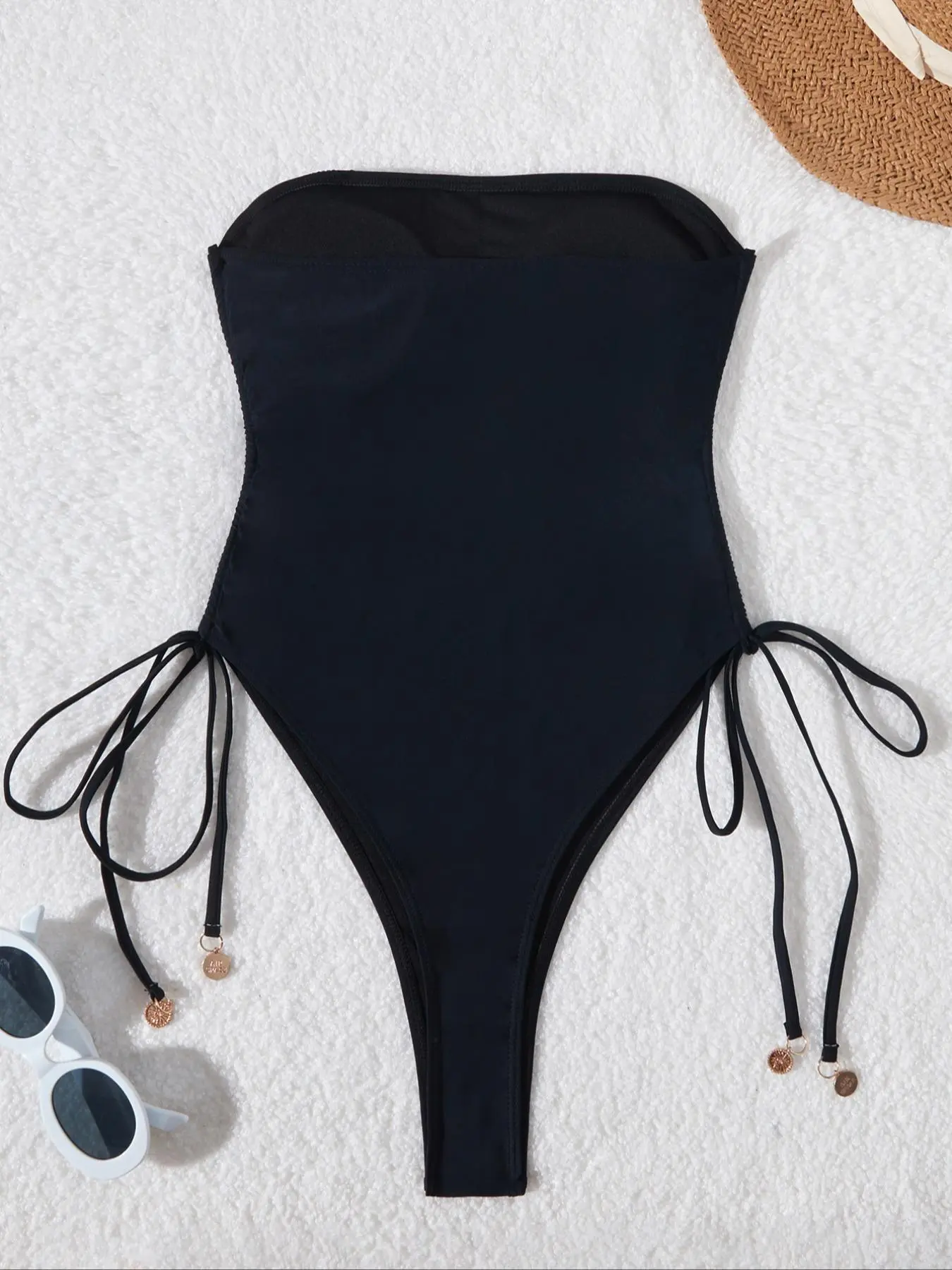 Women's Plain Ribbed One-piece Swimsuit with Drawstring Side, Casual Sleeveless Swimwear for Beach Holiday Vacation, Ladies Swimsuit for All Seasons, Swimsuit Tie, Swimsuit Summer