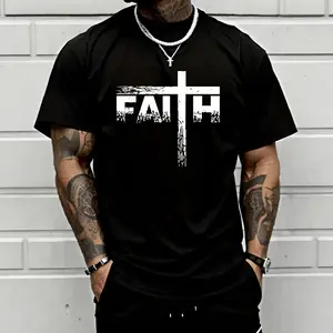 Men’s oversized faith cross T-shirt, Christian religious graphic print, casual black crewneck tee for young believers and streetwear lovers, Shortsleeve, Menswear tiktokshopspringglowup,summervibes