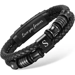 Braided Leather Bracelets for Men - Double-Row Braided Mens Initial Leather Bracelet Adjustable Wristband with Stainless Steel Clasp Unique Jewelry Gifts for Husband Dad Friend Son