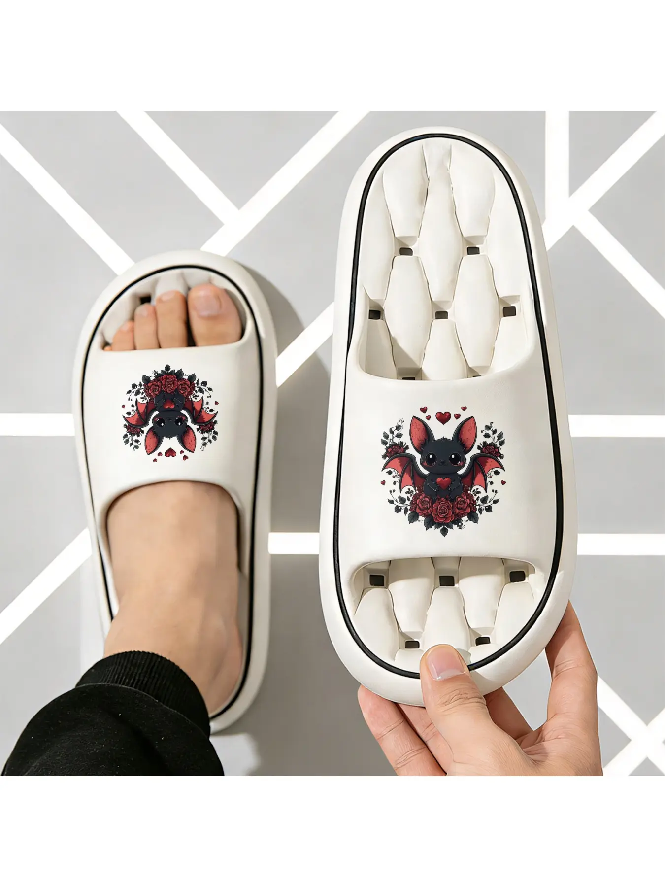 Cute Bat Slippers with Red Heart and Rose Pattern Women's Soft Fleece Warm Indoor Slippers Non-Slip Cozy Home Shoes for Winter Valentine's Day Gift