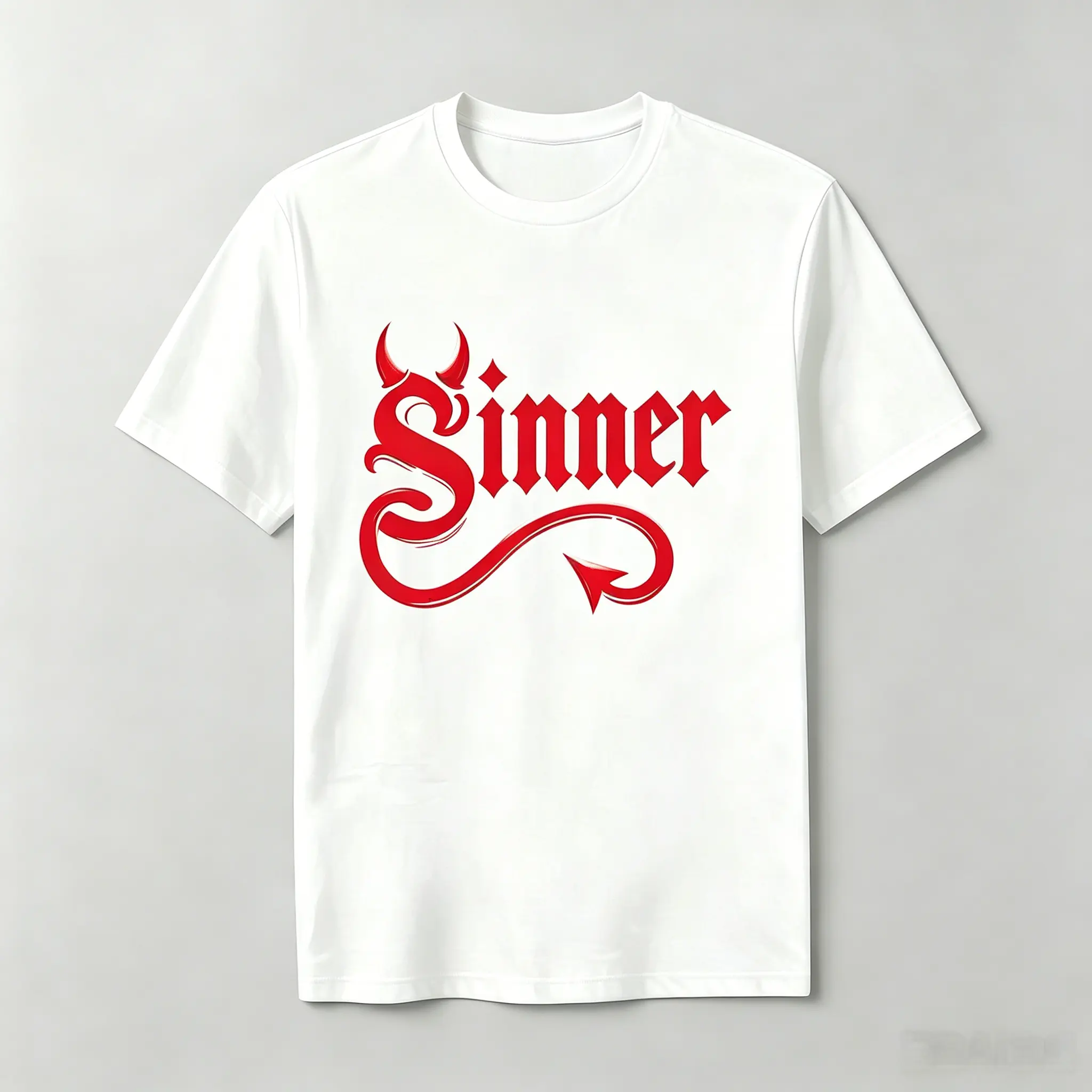 Gothic Red Devil Sinner Graphic Oversized Personalized Print Top - Men's Short-Sleeve Black Tee with Bold Stylized Font, Curled Devil Tail Design - For Dark Fashion Lovers, Casual Sports & Outdoor Wear, Tops, Menswear
