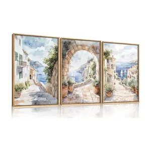 3pcs Watercolor Italy Coast Canvas Wall Art,Modern Europe Countryside Wall Decor,Seascape Painting,Neutral Mediterranean Artwork for Living Room,Bedroom,Dining Room