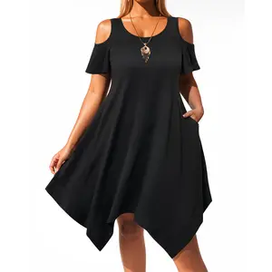 Pinup Fashion Plus Size Sundresses - Summer Casual Cold Shoulder Handkerchief Hem Midi Dress with Pockets  SwimWeek  summervibes