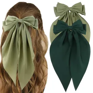 Silky Satin Green Oversized Bowknot Bow Hair Accessories: 2 Pcs Large Hair Barrettes With Long Tails, Metal Clips for Aesthetic Girls