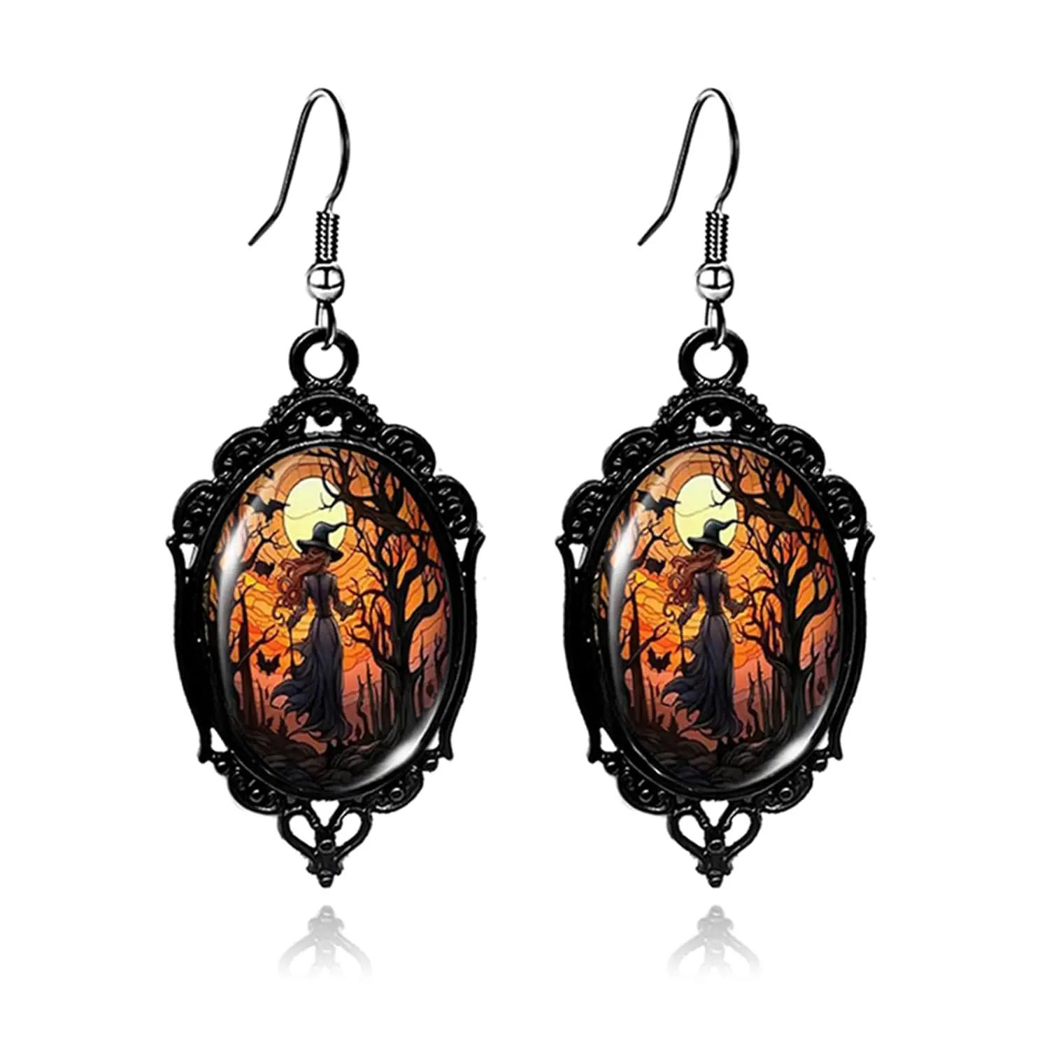 Halloween Gothic  Earrings for Women Gothic Vampire Bat Cameo Earrings   Glass  Bat Black  Crow Ghost Earrings Halloween  (Orange 1)