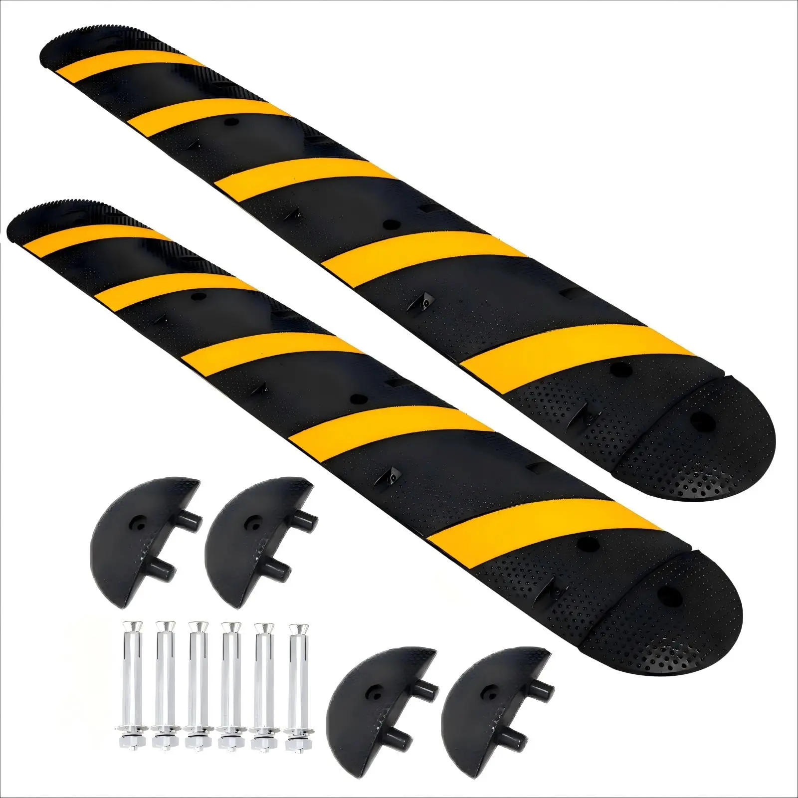 Heavy-duty 6-foot rubber speed bumps with dual cable channels. 66,000-pound capacity, high-visibility yellow and black. Modular design connects two 183-series bumps with four end caps. No tools needed.