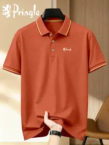 Men's Pringle Logo Print Knitted Polo Shirt, Fitted Casual Style, Breathable and Comfortable, All-Season Wear, High-Quality Enduring Design