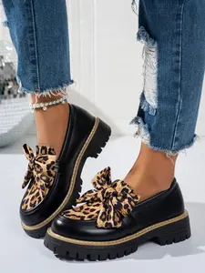 Glossy PU Leather Butterfly Knot Comfortable Casual Shoes, Thick Sole Anti-Slip Slip-On Lazy Single Shoe for All Seasons