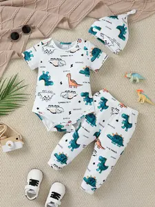 Baby Boy Dinosaur All-Over Printed Short Sleeves Set, Baby Clothing, Comfortable Casual Wear, Summer Thin Layered, 3-Piece Suit, Outfit