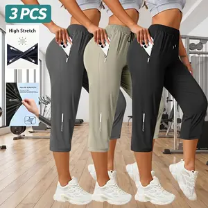 3-Pack Women’s Outdoor Casual High Stretch 7/8 Pants with Zipper Pockets, Loose Straight Cut, Quick-Dry Fabric — Suitable for Daily Commuting, Walking, Running, and Multiple Scenarios