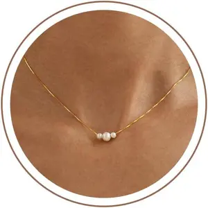 Gold Pearl Necklaces for Women Trendy, 14K Gold Plated Dainty Necklace Simple Layered Pearl Necklaces for Women Trendy Wedding Birthday Jewelry