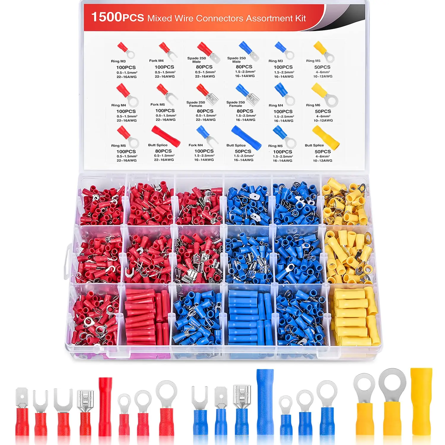 Nilight 1500-Piece Insulated Copper Wire Connectors & Terminals Mixed Assortment Kit, 22-10 AWG Quick Disconnect Crimp Connectors - Butt Splice, Ring, Fork, Spade, Bullet, Piggy Back - for Home, Automotive Wiring