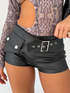 2026 Fashion Faux Leather Shorts, High Waist Buckle Belt, Ultra Short, Y2K Vintage Street Style, Perfect for Parties and Nightclubs