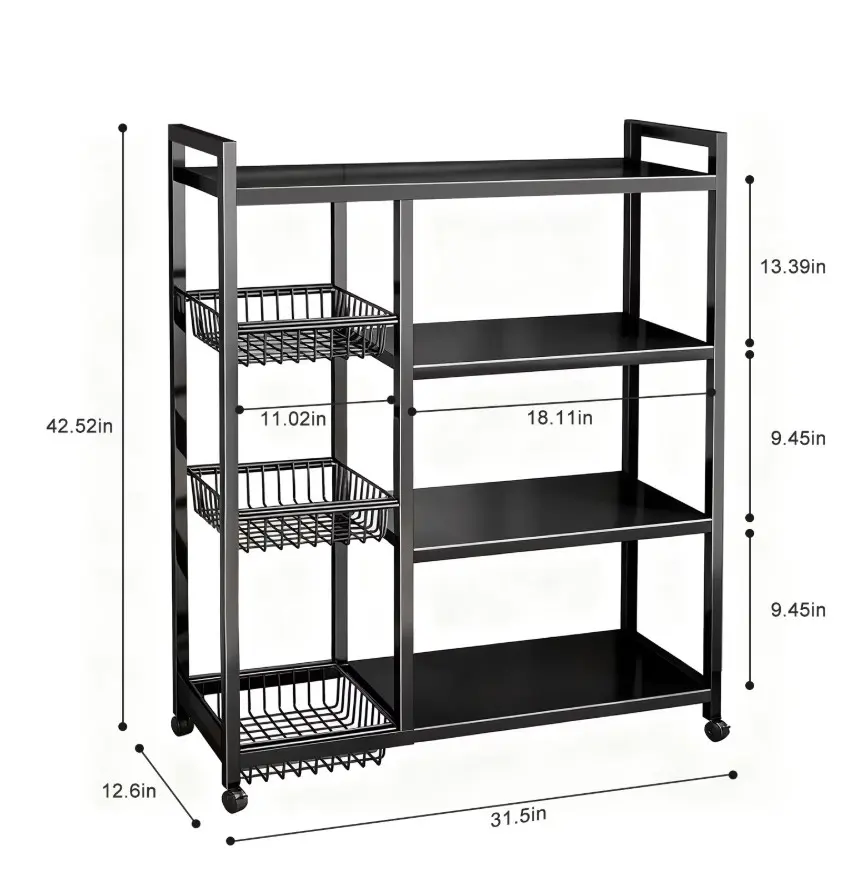 Movable Wire Rack, Heavy-Duty 4-Tier Storage Shelf with 3 Baskets and Wheels, Metal Shelves Organizer for Kitchen, Bathroom, Office, Garage, 31.5''L*12.6''W*42.5''H