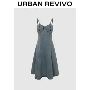 URBAN REVIVO Women's Denim A-line Dress: UIR850005 springtok Sundress Womenswear