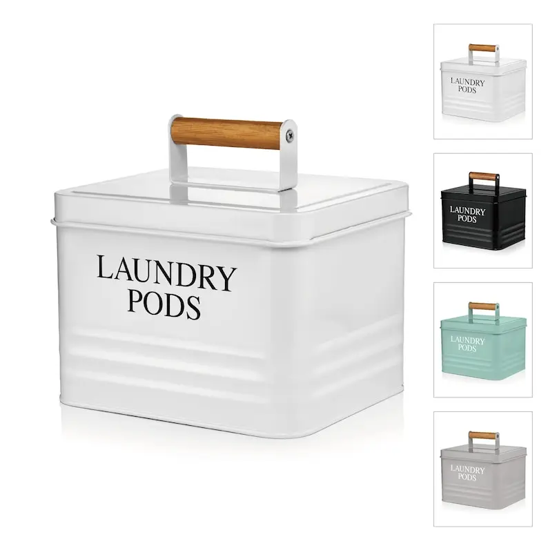 Farmhouse Laundry Pods Container, White Metal Tin with Wooden Handle