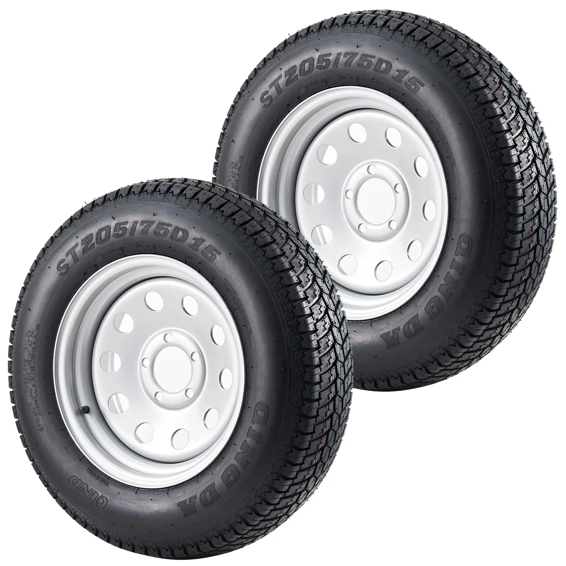 ST205/75D15 Pre-Assembled Trailer Tire-Rim Assemblies (15in Rims, 5 Lug on 4.5in, Load Range C, 6PR) - DOT Approved, All-Season, Quiet Ride, Nylon Cord, for Landscaping, Boats