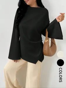 Elegant Women's Middle Eastern Style Casual Commuter Shirt, Long Sleeve Flare Sleeve Slim Fit Asymmetrical Blouse Top for Summer Wear