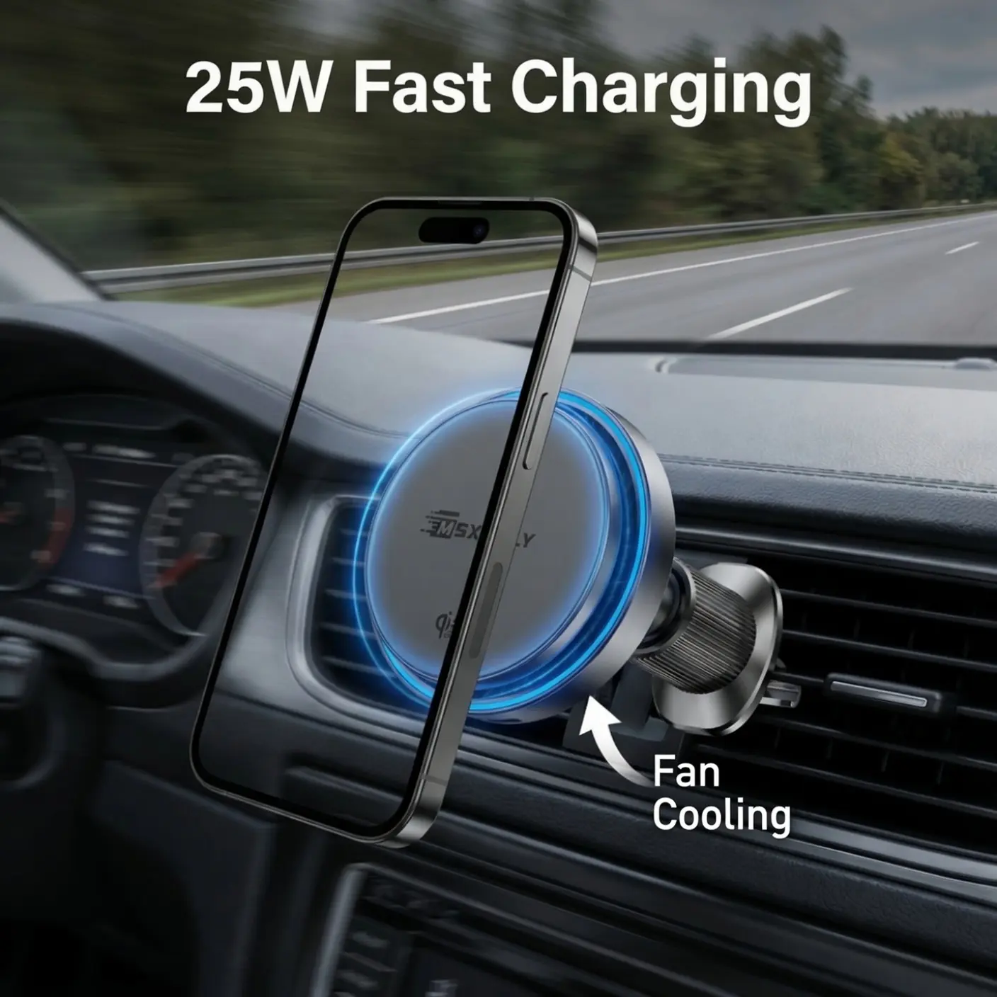 MSXTTLY Magnetic Wireless Charger - 25W Fast Charging, Instant Cooling Fan, LED Light MagSafe Car Phone Holder Pad, Heat Dissipation Magnetic Phone Charger, Compatible with iPhone 17/16/15/14/13/12 Series, Galaxy S25 Magnetic Wireless Charging Stand