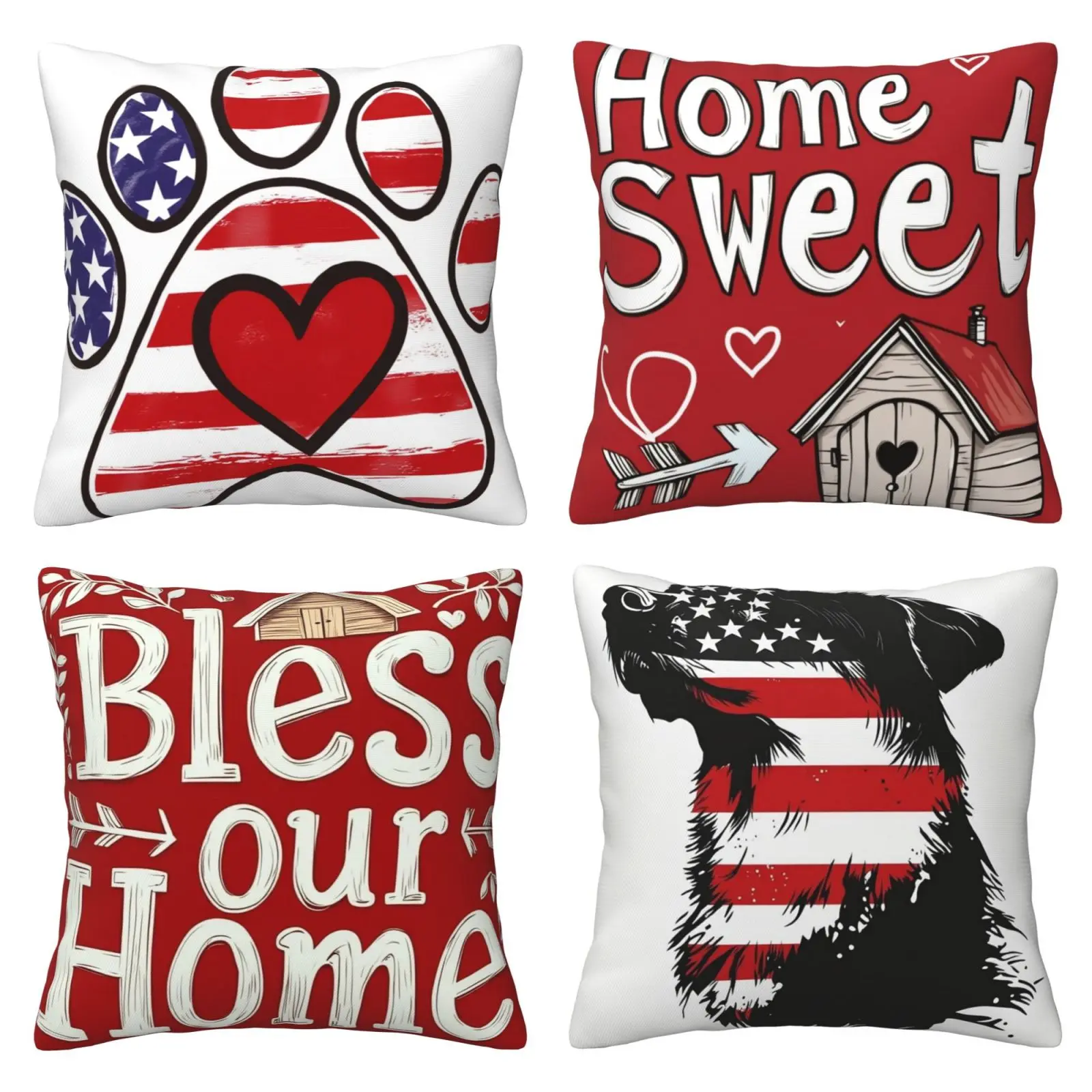 Sweet Home Pillow Set with American Flag, Patriotic Dog Claw Print Decoration Pillow Set Suitable for Sofa, Bed, Home Decoration 4-piece Set with Double sided Printing