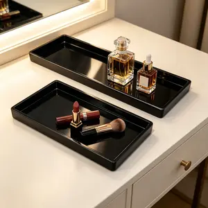 Set of 2 Black Melamine Rectangular Trays - Glossy Smooth Surface Storage & Serving Trays (Small + Large)
