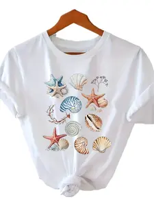 Women's Soft Summer Beach T-Shirt with Tropical Sea Star Shell & Coral Reef Print - Light Beige Casual Crew Neck Blouse for Vacation Outfits, Pool Days & Coastal Wardrobe Essentials - Machine Washable Summer Top