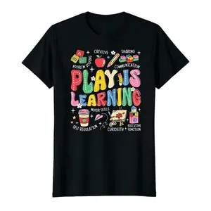 Play is learning teacher T-shirt - vibrant educational pattern print, breathable summer casual top, machine-washable round neck design, Teacher's Day gift, teacher shirt, casual wear, stretch fabric