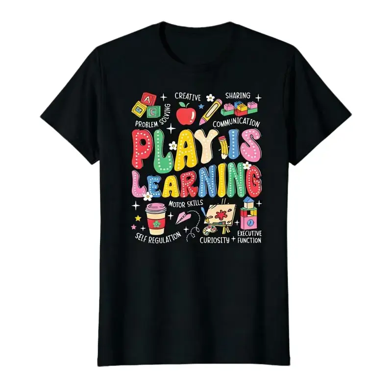 Play is learning teacher T-shirt - vibrant educational pattern print, breathable summer casual top, machine-washable round neck design, Teacher's Day gift, teacher shirt, casual wear, stretch fabric