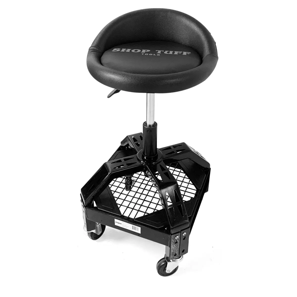 Shop Tuff STF-20SSC Deluxe Heavy-Duty Steel Frame Wheel Style Shop Stool - 360° Spin, Padded Cushioned Seat, Tool Storage for Commercial, Office Use