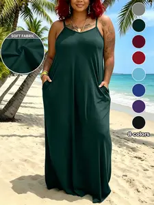 Plus Size Women's Casual Long Dress, 8 Colors Available, Plain Strappy Backless Design, Loose Fit with Pockets, Ideal for Daily, Summer and Beach Wear