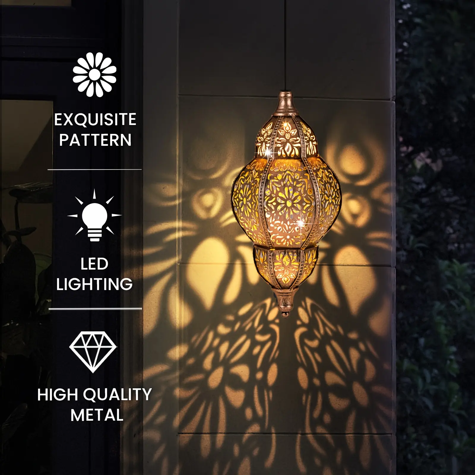 26.6-Inch Solar-Powered Hanging Lantern Decor, Iron Gourd Cutout Projection Light, IPX4 Waterproof, 800mAh Battery, for Corridors, Hallways, Eaves, Lawns, Pathways, Christmas Gift