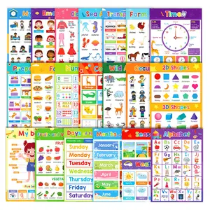 English Learning Theme Poster, 20pcs/set Cognitive Time Fruits Colours Animals Bodies Educational Wall Poster Classroom Supplies Charts for Home Decor and Classroom Wall Decoration