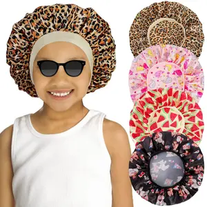 SQ-HDW199 4 PCS Kids Satin Bonnet Child Sleeping Cap,Soft Silk Bonnet Elastic Wide Band,Breathable Baby Bonnets Night Sleep Caps,Colorful Night Hats Satin Cap for Girls Toddler Teens Natural Hair (Cute Pattern) Haircare Daily Pack Silky Heatless