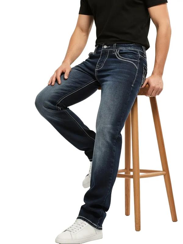 Men's Slim Straight Dark Wash Jeans with Thick Contrast Stitching for Comfort and Style