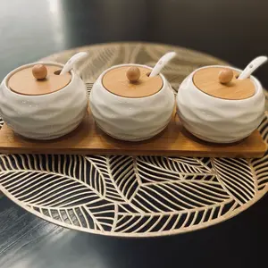 Bamboo and Porcelain Spice Jar Set for spices, seasonings, sauces, sugar and more.