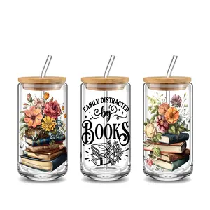 Book Lover's Glass Tumbler 16oz, Tumbler with Lid, Reusable Lidded Straw Cup, High-Quality Glass Jar, Perfect Gift for Coffee Lovers & Friends, Drinkware