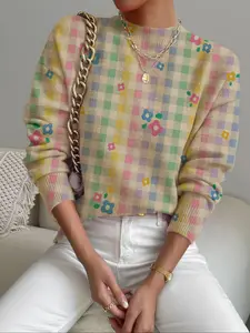 Women's Multicolor Plaid Floral Print Stand Collar Sweater, Fall Winter Casual Long Sleeve Knitwear, Comfortable Warm Daily Wear