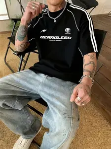 Men's Regular Fit Striped Trim Print Short Sleeve Tee, Casual Comfy Round Neck T-shirt for Summer, Fashion Men's Top for Daily Wear, Tropical