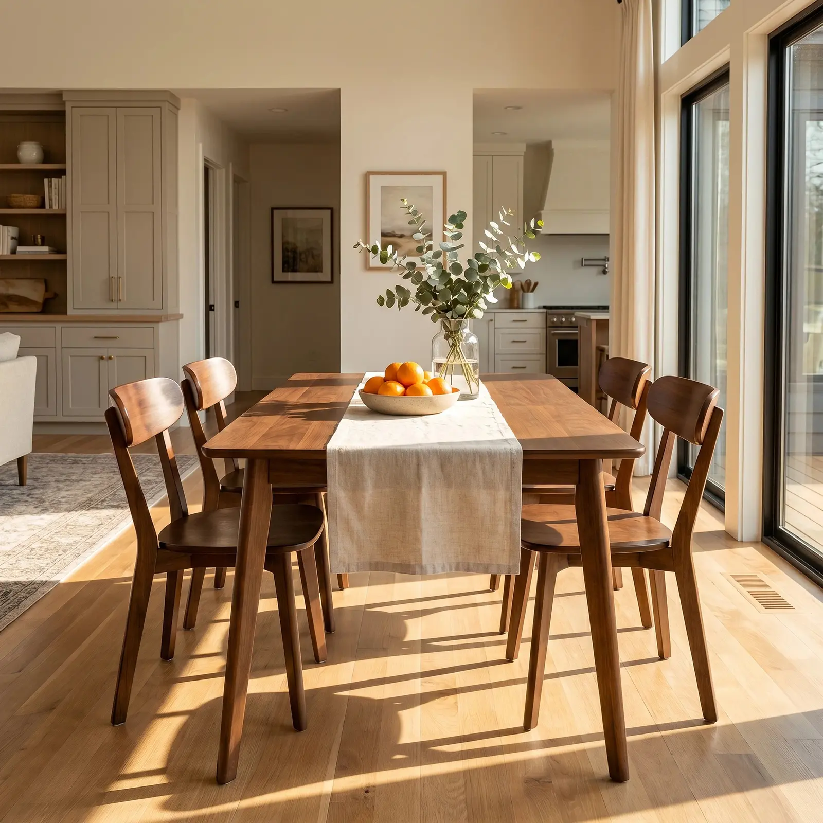 5-Piece Solid Wood Dining Set (2 Packages) - Mid-Century Modern Kitchen Table + 4 Natural Walnut Curved Back Chairs, Small Space Solution, Non-Wobbling, Easy-to-Clean Wooden Indoor Furniture Set, Wooden Dining Set