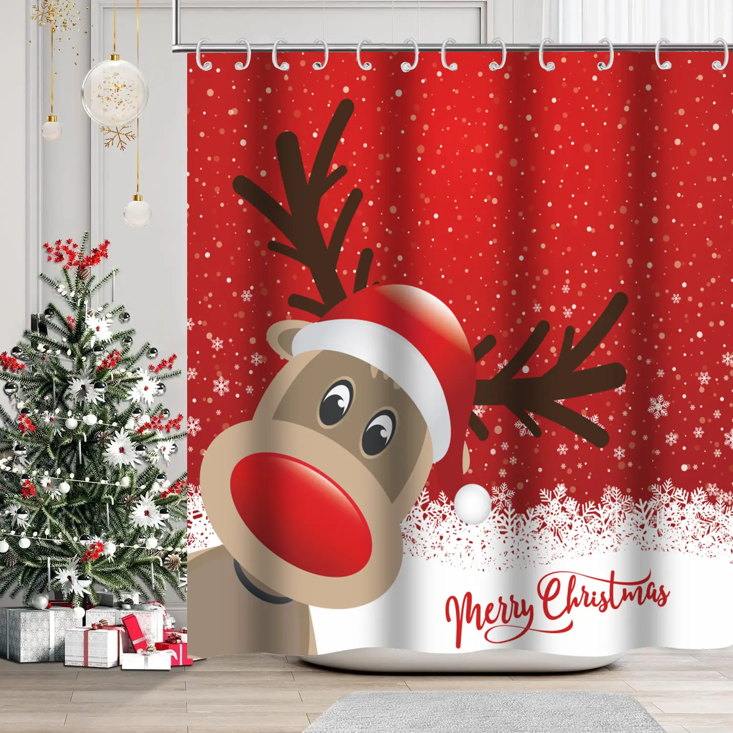 Christmas Shower Curtain, Snowflake Winter New Year Holiday Bathroom Curtain ，Waterproof Fabric Machine Washable Shower Curtain with Hooks，Santa Claus