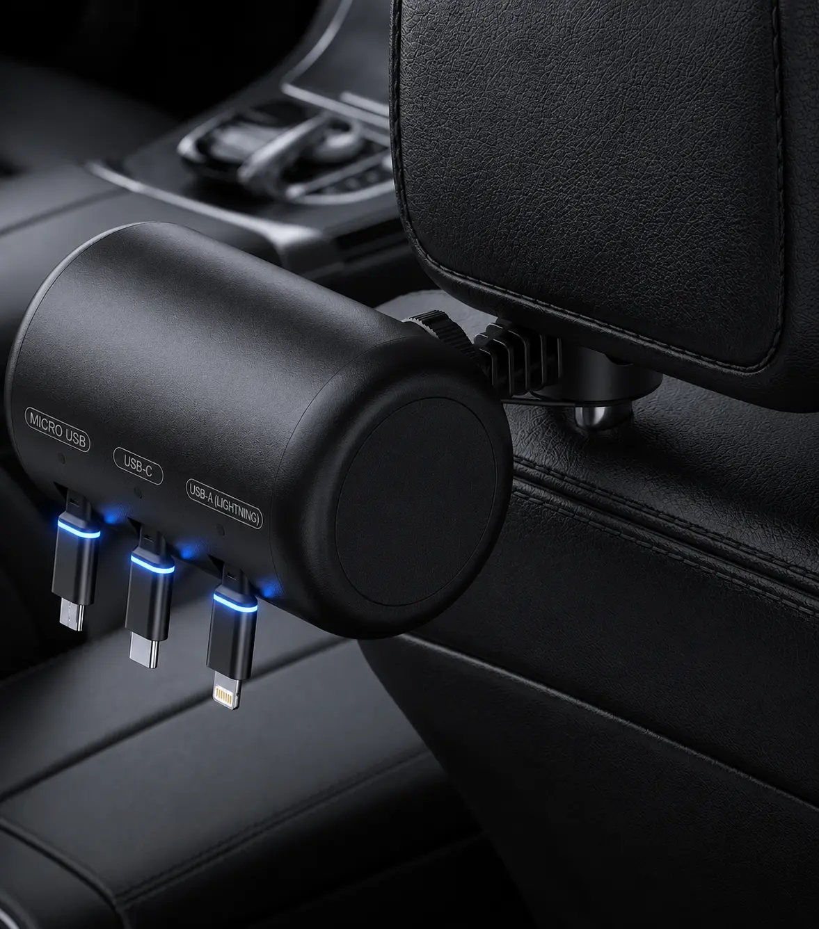 Multi Retractable 3-in-1 Car Charging Station – Fast Headrest Charger Box for iPhone, Android & USB-C Perfect
