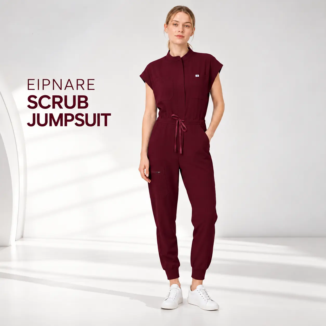 Women's Medical Scrub Jumpsuit - Lady Overalls, Overall Jumpsuits with 7 Pocket Set, Mandarin Collar, Short Sleeves, Adjustable Drawstring Waist, Cargo Jogger Style Polyester Fabric for Flexible Move & Snug Fit