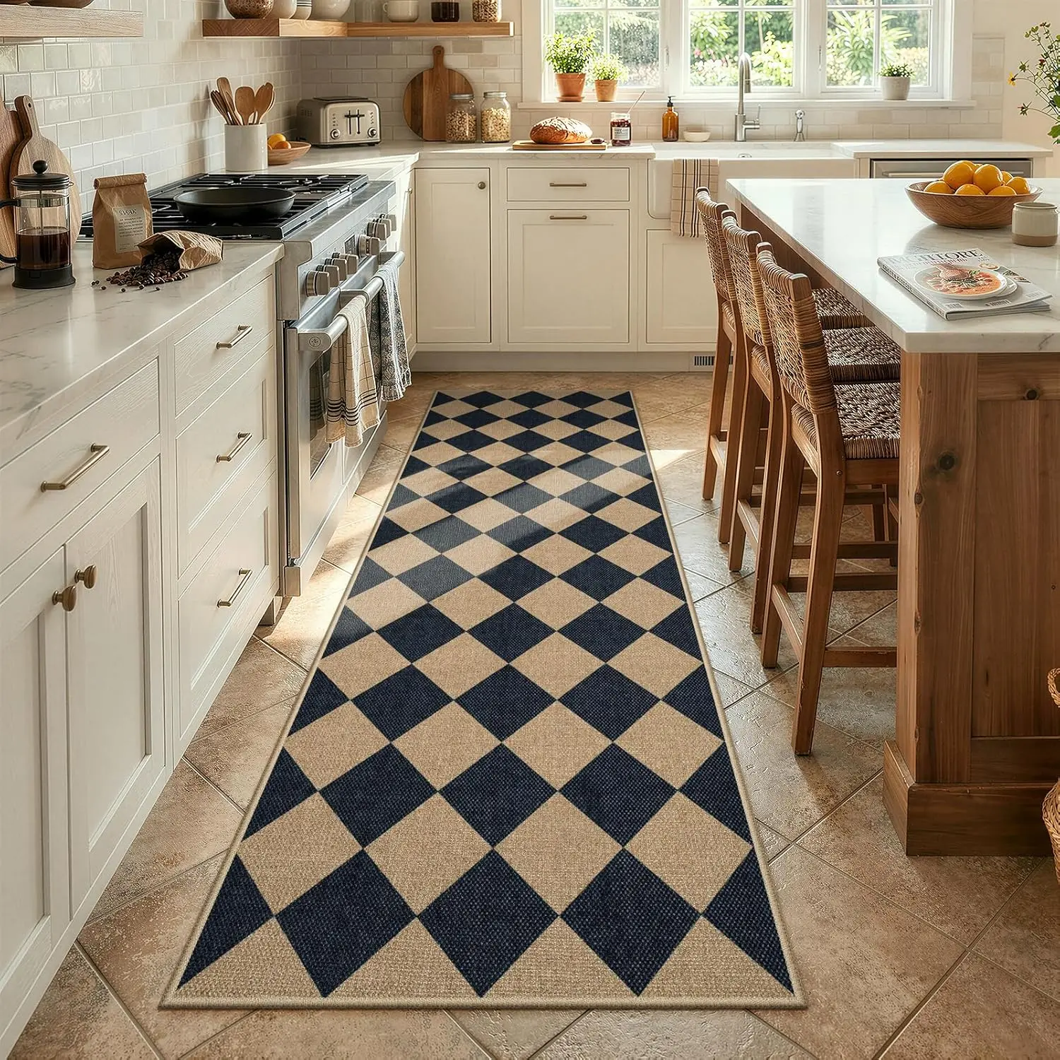Lahome Colette Checkered Easy Jute Runner Rug, 2x8 Hallway Kitchen Runner Rug Non Slip Washable Outdoor Carpet for Entryway Indoor, Checkerboard Black Indoor Outdoor Carpet for Hallway 8ft Entry