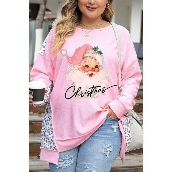 Plus Size Santa Leopard Dropped Shoulder Sweatshirt