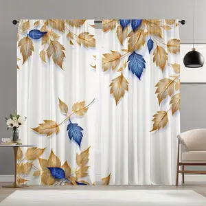 2pc Home Decor Digital Printed Curtains, Semi-transparent Polyester Fabric, Blue and Gold Leaves with Rod and Grommet, Suitable for Kitchen, Café, Sunroom, Living Room, Balcony, and Garden
