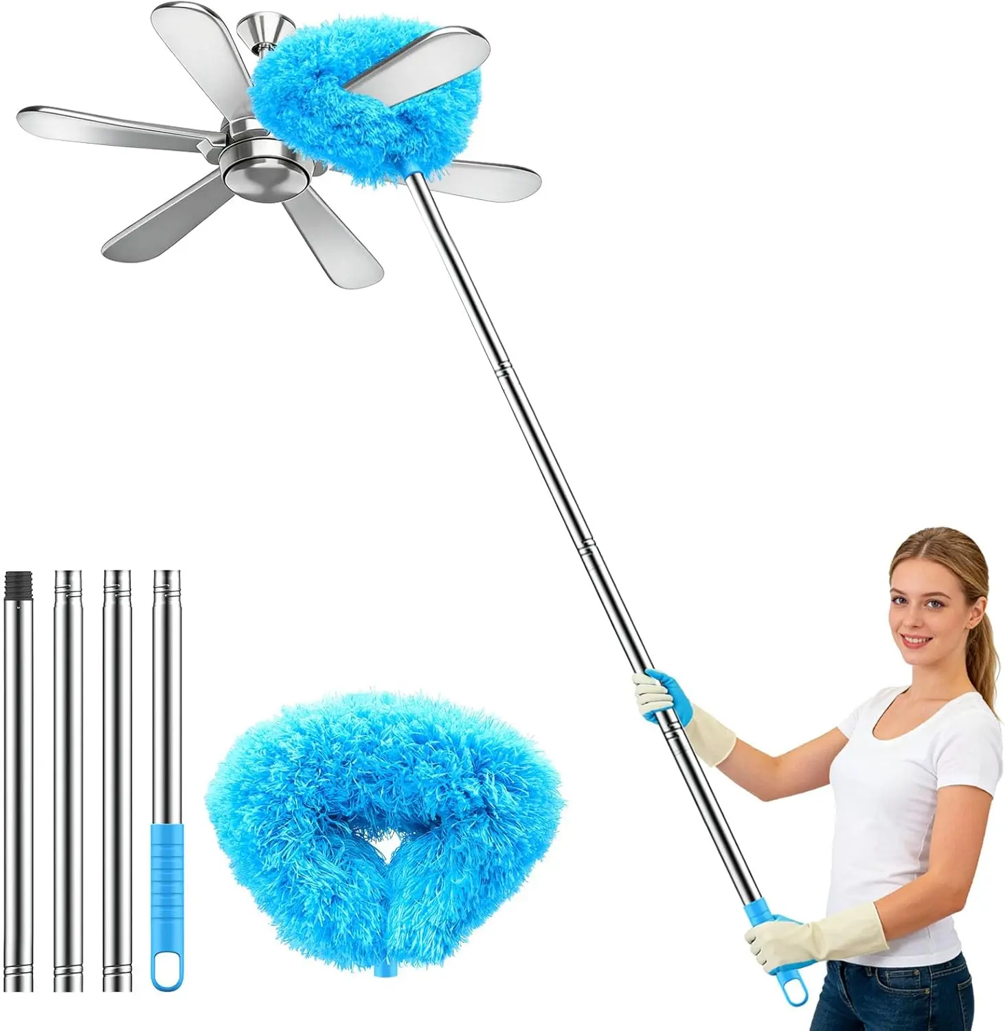 Handheld Lightweight Extendable Microfiber Ceiling Fan Duster, Eco-Friendly Washable Allergen-Trapping Reusable Detachable Home Cleaning Brush Tool for High Ceilings, Walls and High Surfaces,Hand
