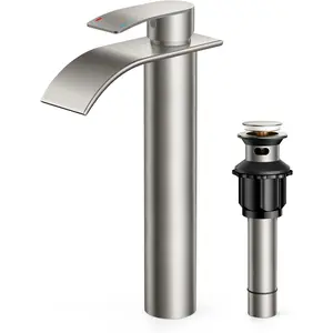 Waterfall Bathroom Vessel Sink Faucets with Metal Pop up Drain and Lead-Free cUPC Hose, Chrome Single Handle Tall Bathroom Faucet 1 Hole, 11inch for Bath,Vessel