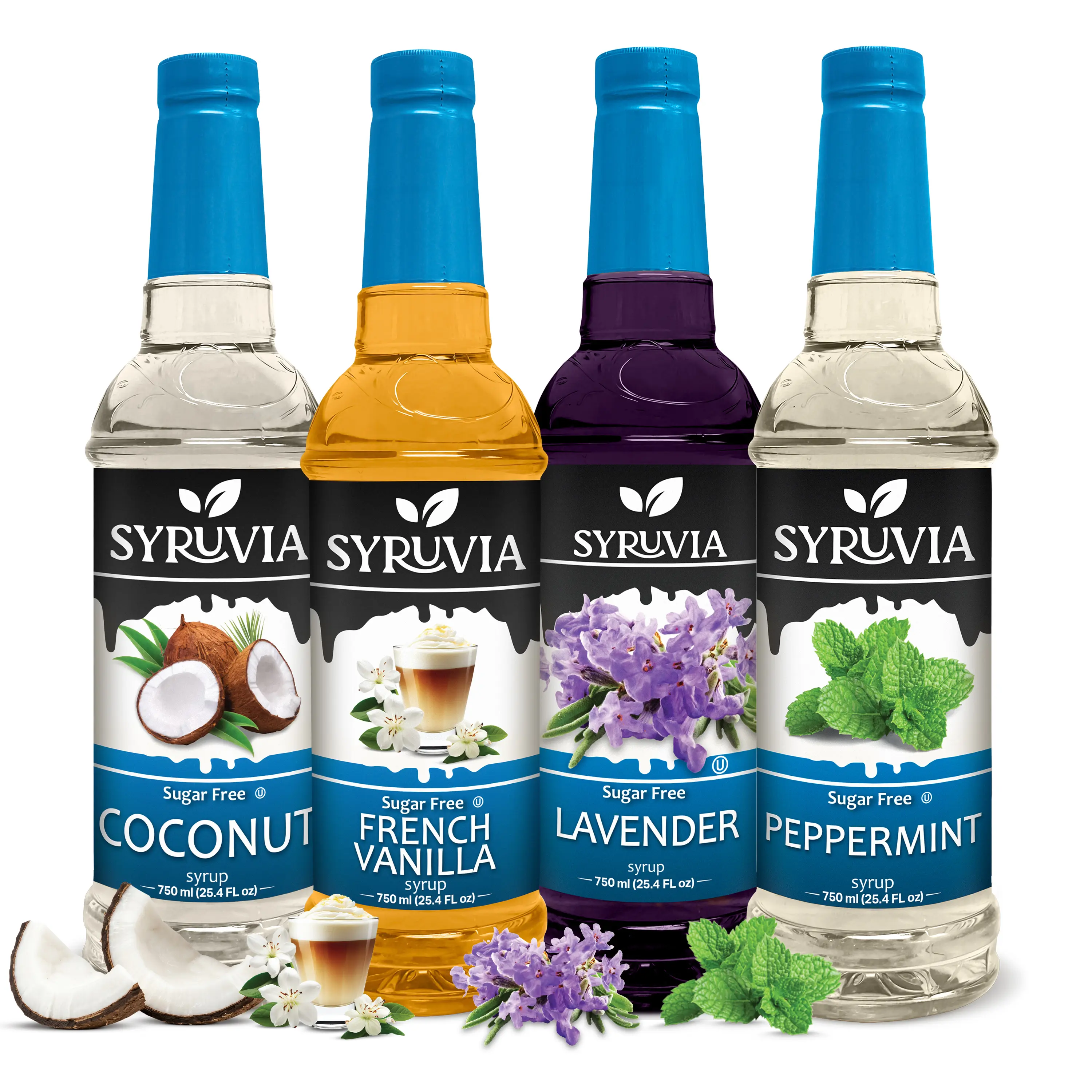 Syruvia Sugar Free Coffee Syrup Variety Pack - 4 Flavors (Coconut, French Vanilla, Lavender, Peppermint) - Gluten-Free, Kosher, 25.4 fl oz Bottles - Flavorful Beverage & Coffee Prep Mix for Hot Drinks