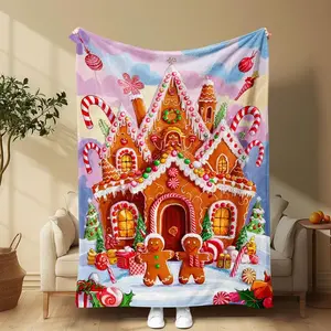 Christmas Gingerbread House Pattern Blanket, Soft Warm Throw Blanket, Air-conditioned Room Blanket, Warm Nap Blanket for Home & Office