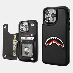 (Summer Tok)Shark Mouth AestheticPattern Casing For iphone 16 15 14 13 12 PRO PLUSMAX PU Leather Card Holder Stylish Gift ShockproofProtection Anti-Drop Protective Protector PhoneCases Shell Cover Custom Smartphone Cellphone minimalist heritage phone case